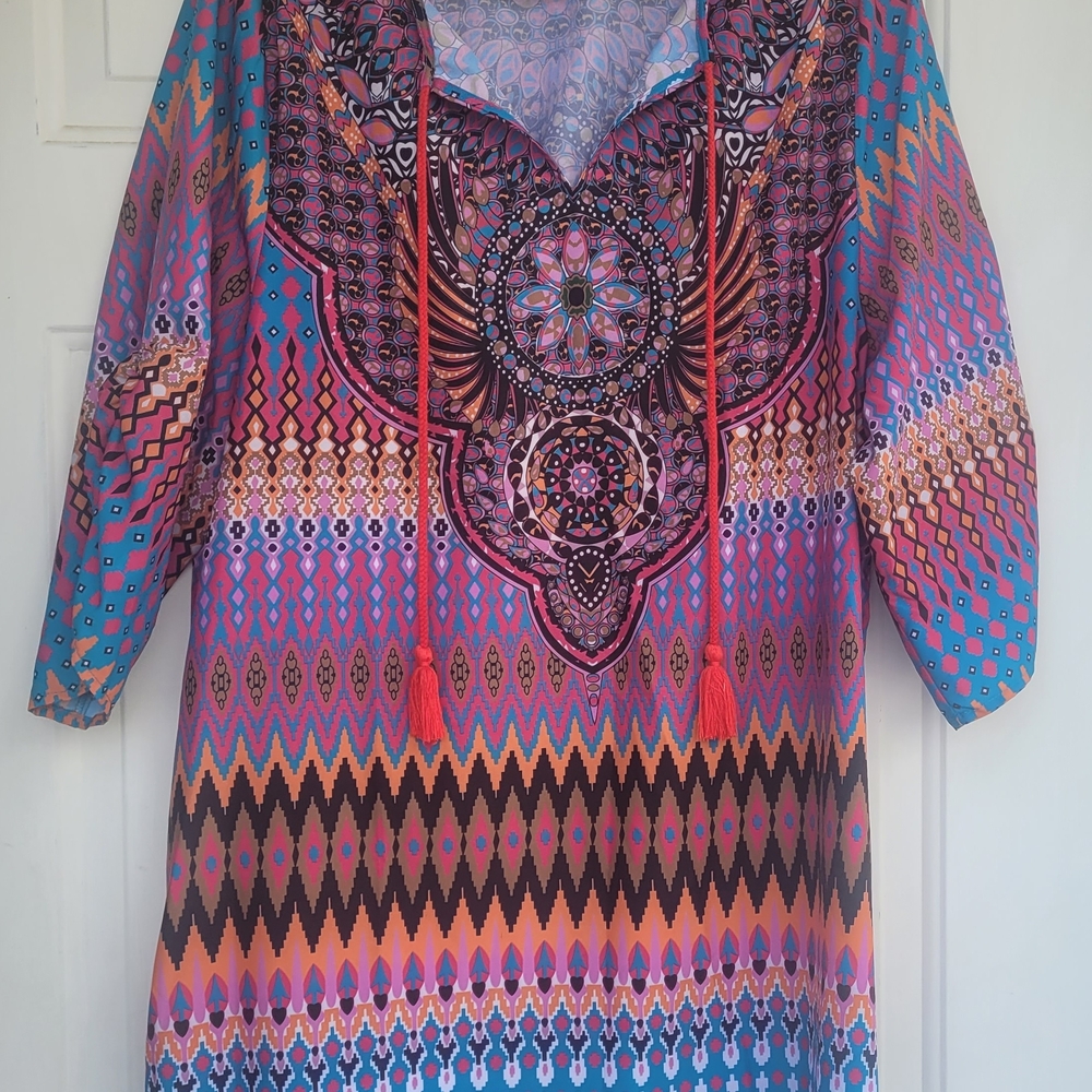 Colorful Bohemian Long Lightweight Women's Top with Tassels Size XXL